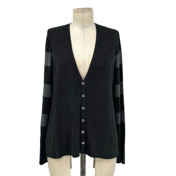 Eileen Fisher Striped Sleeve Button Down V-Neck Cardigan Sweater Size Medium - Picture 2 of 9